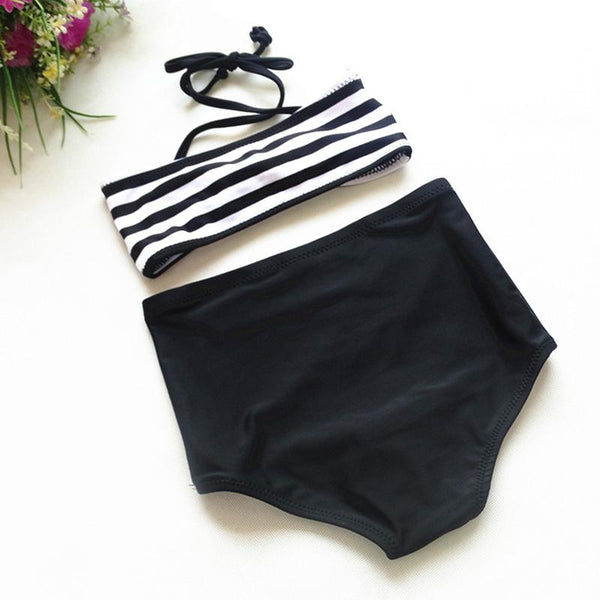 Striped Knotted Halter Top Bikini Set